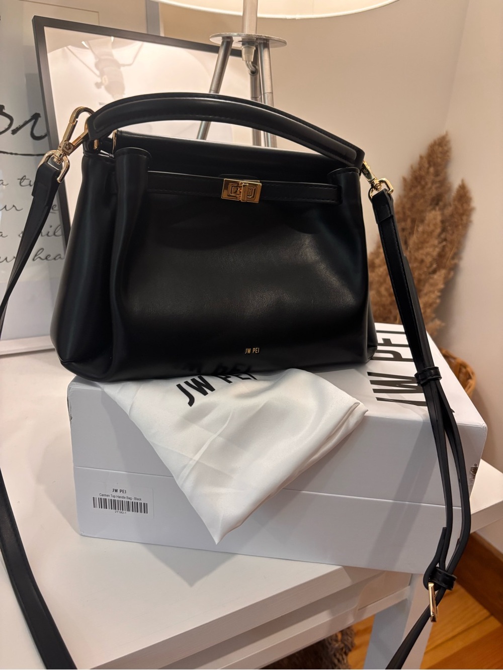 JW PEI Carmen Black Leather Structured Top-Handle Crossbody